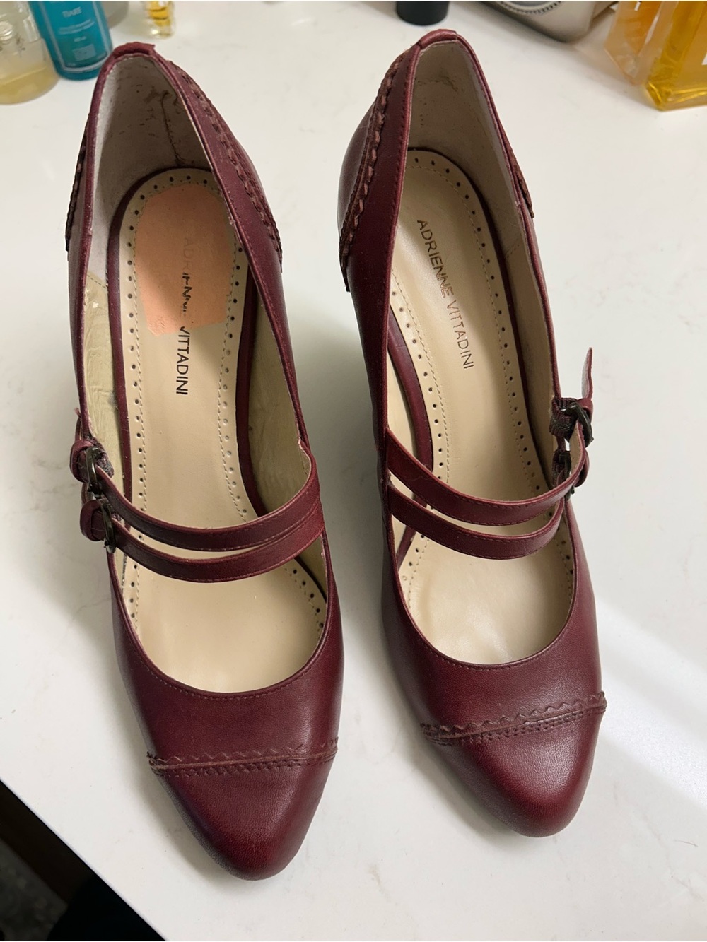Adrienne Vittadini Wine Double-Strap Mary Jane Wedge Heels